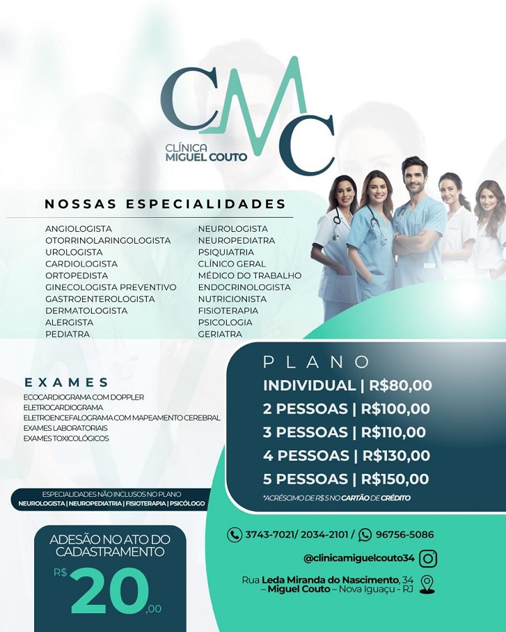 Clínica miguel couto: Pediatria, Clínica Médica, Cardiologia, Neurologia, Neuropediatria, Psiquiatria, Psicoterapia, Alergista, Gastroenterologia, Otorrinolaringologia, Ginecologia, Pré-natal, Ortopedia, Dermatologia, Urologia, Angiologia e outras especialidades.